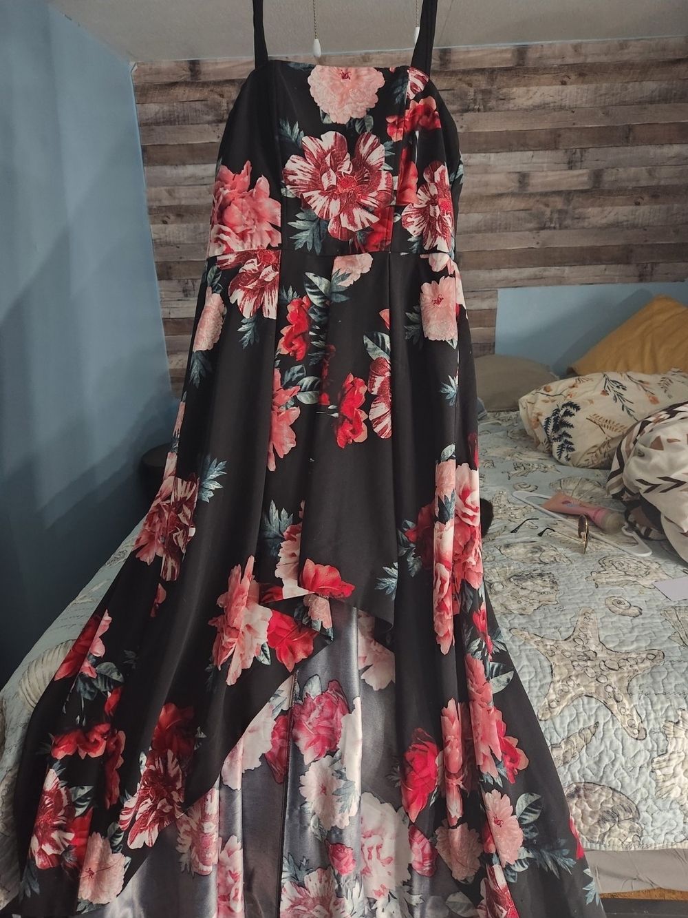 Floral High-Low Prom Dress in Black and Pink